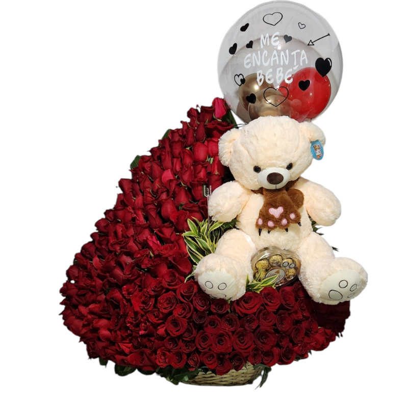 Media luna de rosas con peluche, chocolate y globo personalizado, entrega rápida en Cali