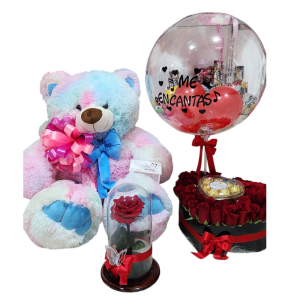 Peluche acompañado con rosa inmortalizada y corazón de rosas con chocolate y globo personalizado