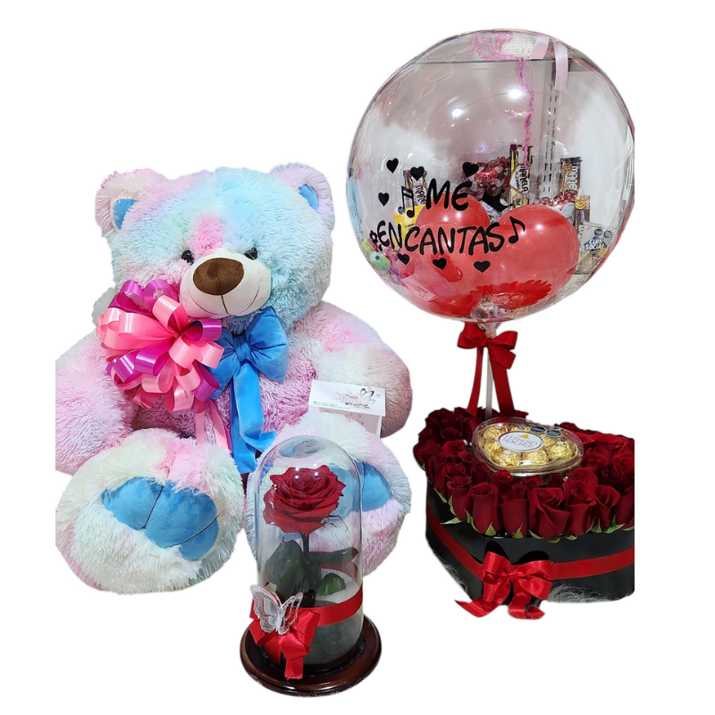 Peluche con rosa inmortalizada, corazón de rosas, chocolates y globo personalizado, entrega rápida en Cali