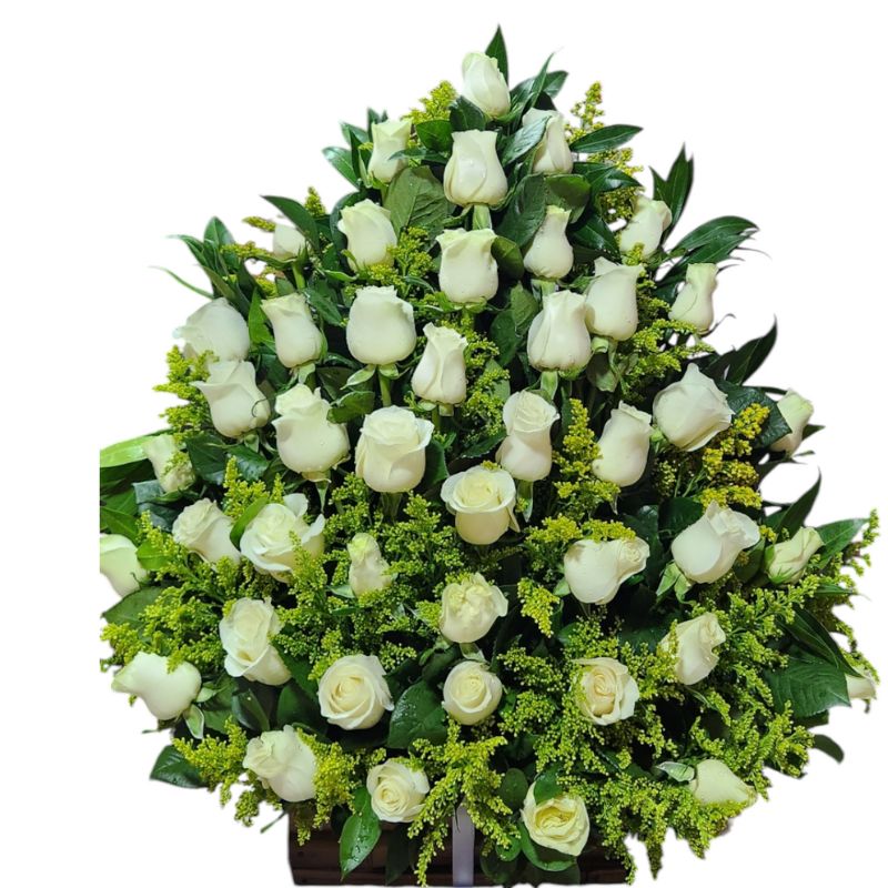 Arreglo floral triangular con rosas blancas, entrega rápida en Cali