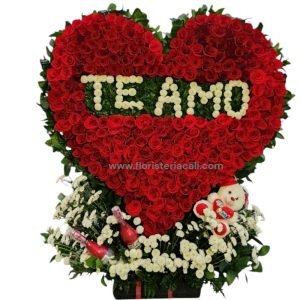 Arreglo especial en forma de corazón de 150 cm de alto x 100 cm de ancho con rosas rojas, pinocho blanco, dos botellas de champagne y peluche