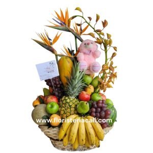 Arreglo frutero en canasta con aves del paraíso, vara de orquídea y peluche