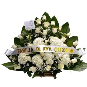 Arreglo fúnebre abanico con rosas blancas y hortensias blancas