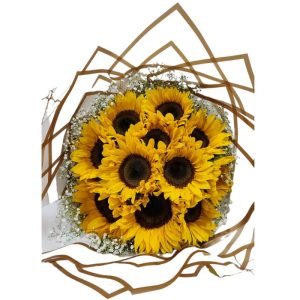 Buchón de 12 girasoles y follaje perla en papel coreano