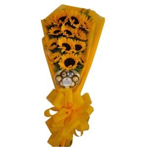 Bouquet en escalera de 12 girasoles con chocolates