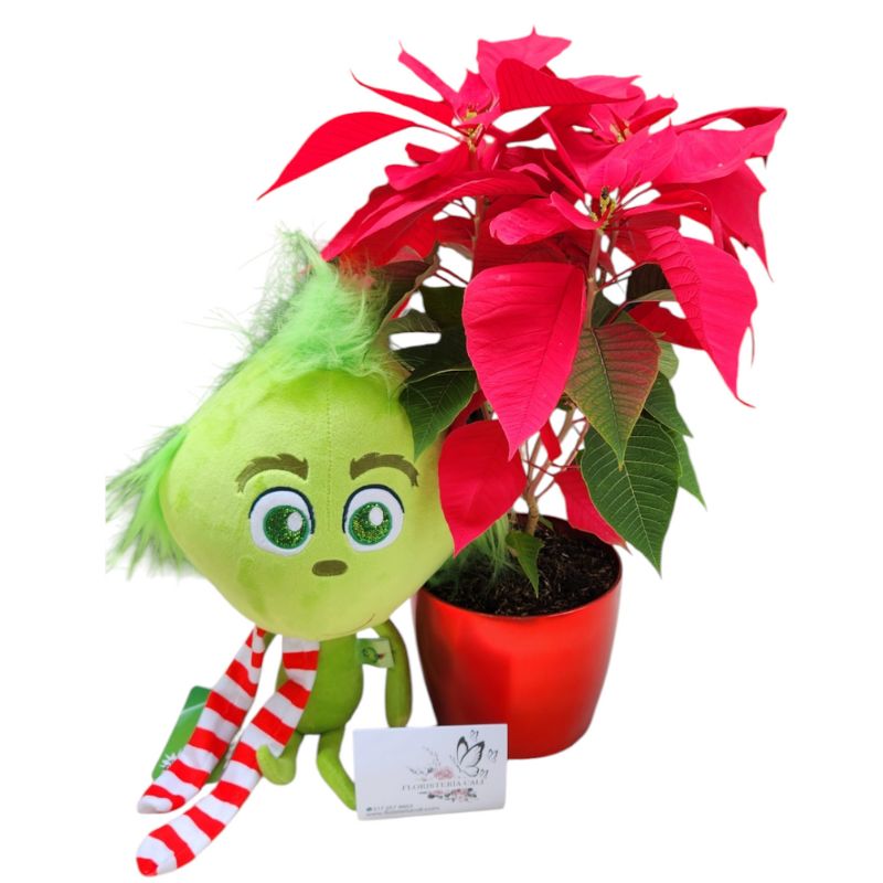 Flor de Pascua con peluche del Grinch, arreglo navideño