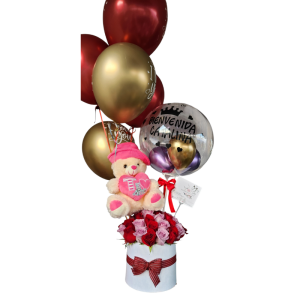 Cilindro redondo con combinación de rosas, peluche, globo burbuja personalizado y 5 globos con helio