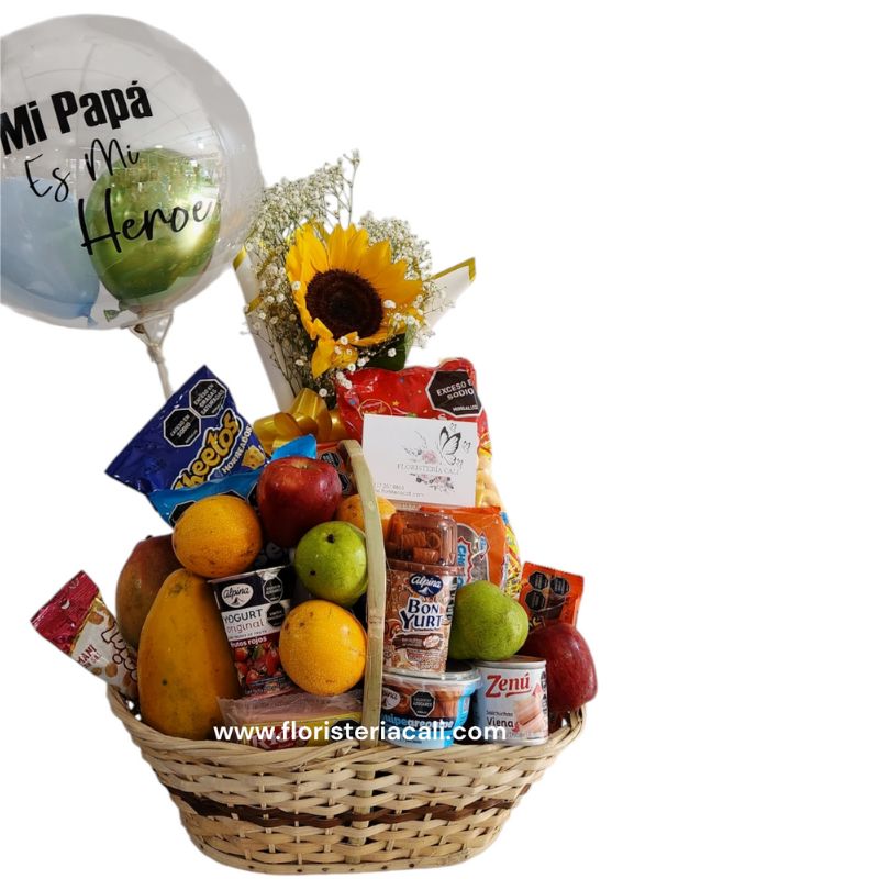 Ancheta con frutas, mecato, girasol y globo burbuja personalizado