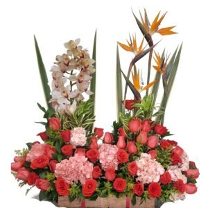 Arreglo de 50 rosas surtidas, con hortensias y orquídea sin vidrio