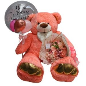 Buchón de 12 hortensias rosadas, astromelias, peluche de un metro de alto y globo burbuja personalizado