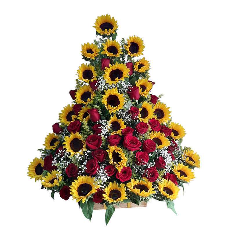 Arreglo floral en escalera con 30 girasoles, 50 rosas rojas y follaje perla