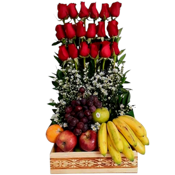 Frutero con 18 rosas rojas, montecasino y frutas frescas en base de madera decorativa