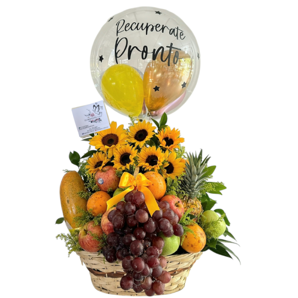 Canasta frutera con girasoles, frutas frescas y globo personalizado “Recupérate Pronto