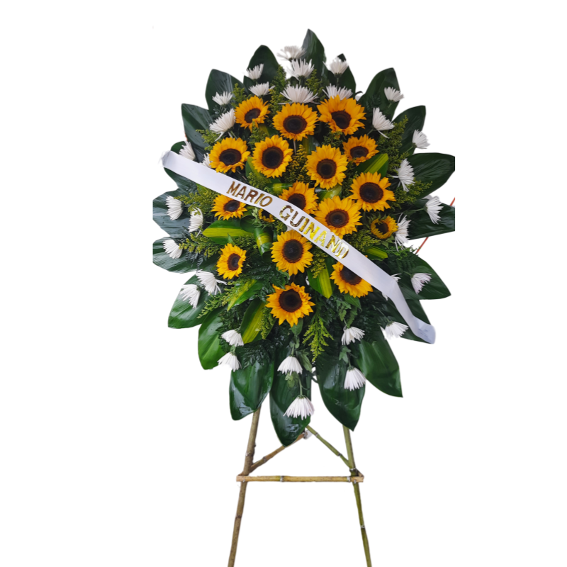 Corona fúnebre con 20 girasoles, flores blancas tipo pompón y follaje verde.