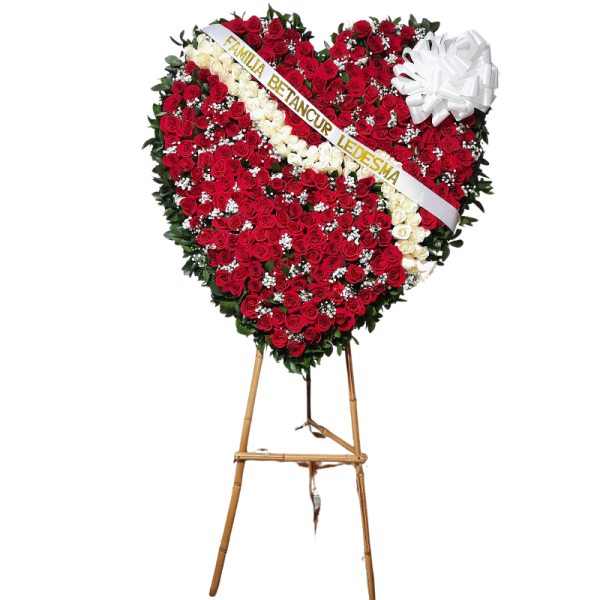 Corona fúnebre en forma de corazón con 250 rosas rojas y blancas y follaje perla.