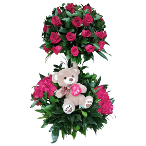 Topiario floral con 60 rosas fucsias, follaje verde decorativo y peluche con corazón