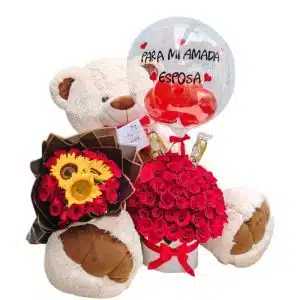 Combo Peluche  de 60 cm con Buchón de Rosas y Girasoles, Arreglo Cilindro Redondo con Globo Personalizado y chocolates ferrero