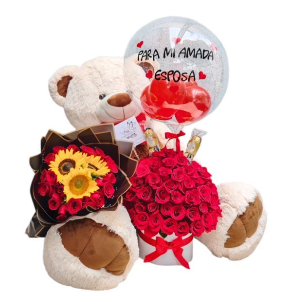 Combo de rosas y girasoles con arreglo cilindro redondo y globo personalizado.