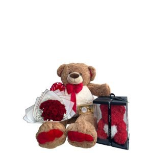 Oso de peluche de 1 metro con un oso en fomi, un hermoso buchón de rosas y chocolates Ferrero Rocher.