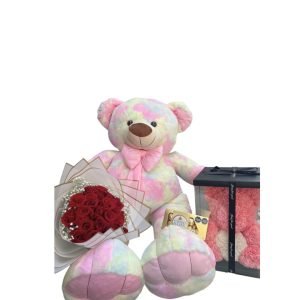 Oso de peluche de 1 metro con osito fomi, un hermoso buchón de rosas y chocolates Ferrero Rocher.