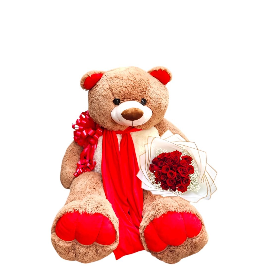 Oso de peluche de 110 cm con un hermoso buchón de rosas.
