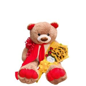 Oso de peluche de 2 metros con un elegante bouquet en escalera de girasoles y una caja de chocolates Ferrero Rocher.