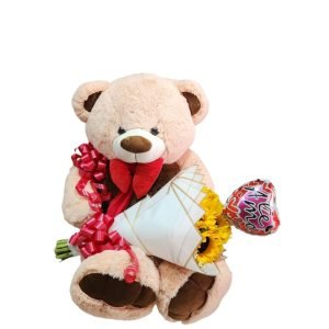 Oso de peluche de 1 metro con un hermoso bouquet de girasoles y globo metalizado.