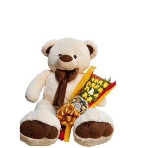 Oso de peluche de 1 metro con buquet de rosas amarillas, una rosa blanca y chocolates Ferrero Rocher.