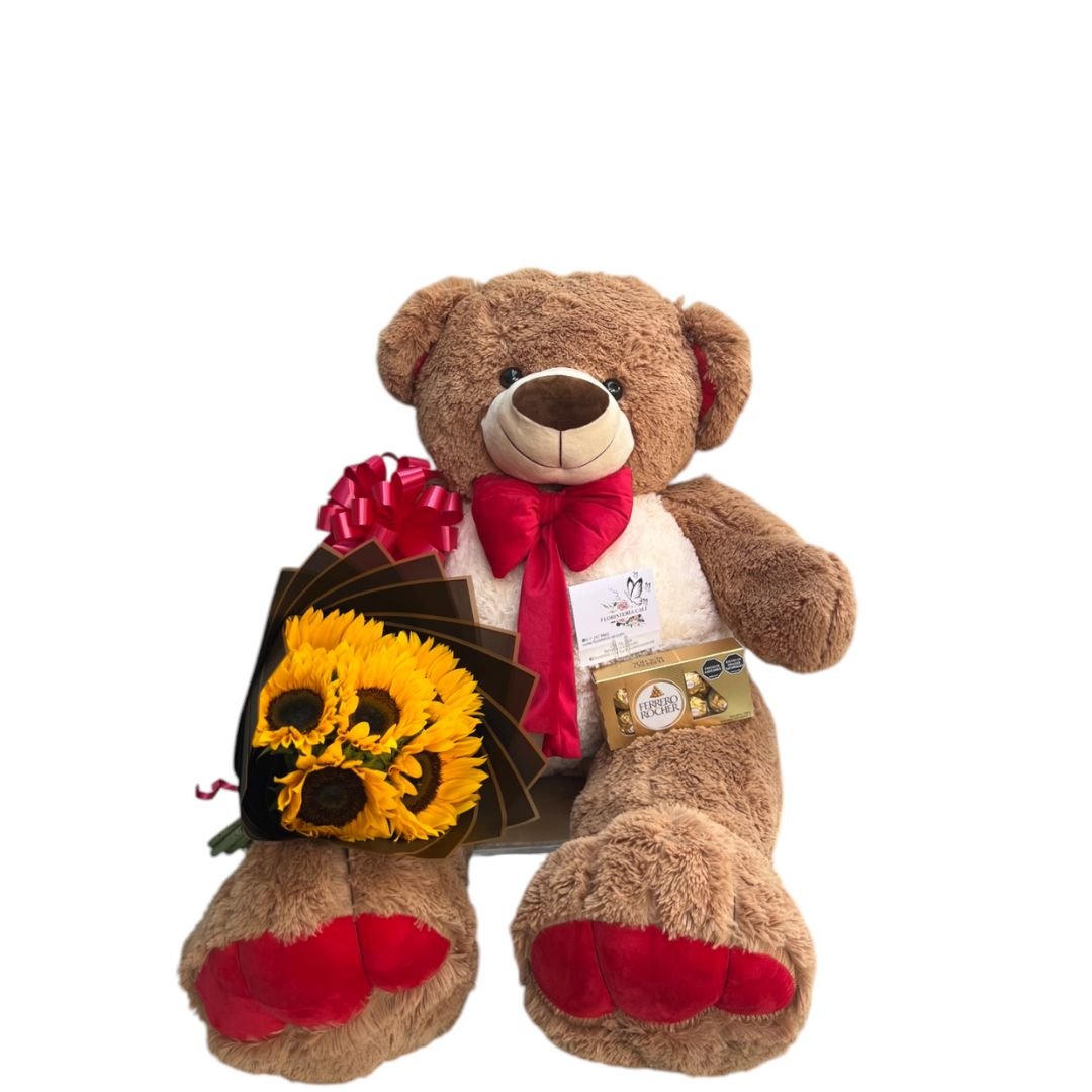 Oso de peluche grande con girasoles y chocolates Ferrero.