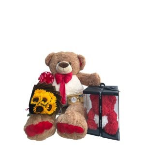 Oso de peluche de 1 metro con un oso en fomi, un radiante buchón de girasoles y una caja de chocolates Ferrero Rocher.