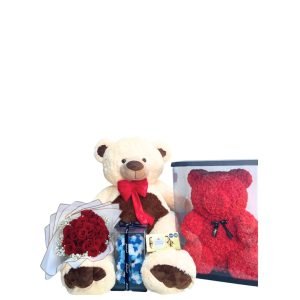 Oso de peluche de 1.50 metros acompañado de un buchón de 24 rosas, un oso de fomi de 60 cm y una caja de chocolates Ferrero Rocher de 8 unidades.