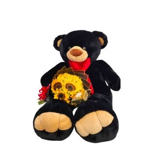 Oso de peluche negro con bouquet de girasoles y chocolates