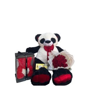 Oso Panda de Peluche Gigante + Ramo de 24 Rosas y Chocolates Ferrero