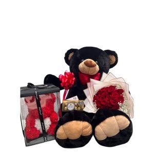 Oso de peluche negro gigante con rosas y chocolates