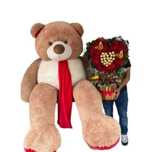 Arreglo de Rosas en Corazón + Peluche Gigante de 2 Metros