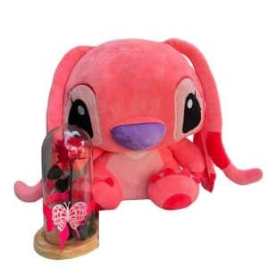 Peluche Stitch Rosado + Rosa Eterna en Cúpula de Cristal