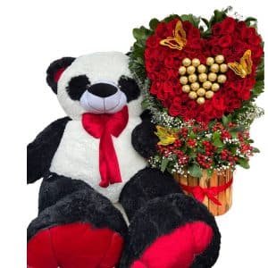 Peluche Panda Gigante + Arreglo Especial en Rosas y Ferrero Rocher