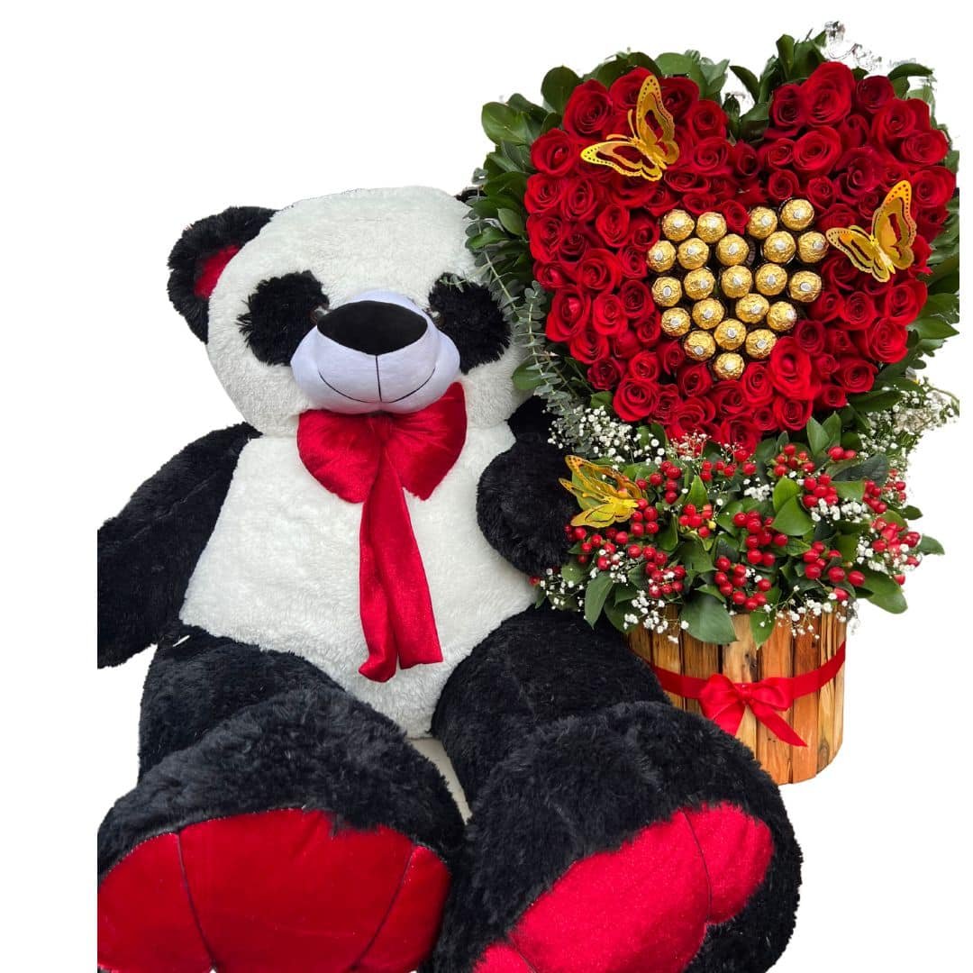 Peluche panda gigante de 1 metro con rosas en forma de corazón y chocolates Ferrero Rocher, regalo especial para enamorados.