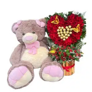 Peluche Gigante 110 cm + Arreglo Especial en Rosas y Ferrero Rocher