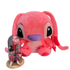 Peluche Stitch Rosado + Rosa Eterna en Cúpula de Cristal