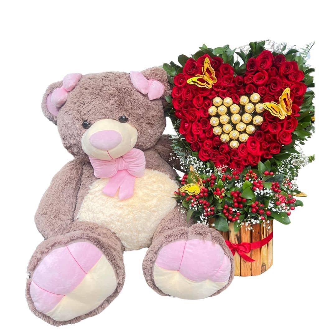 Peluche gigante de 110 cm con rosas en forma de corazón y chocolates Ferrero Rocher, regalo ideal para sorprender.