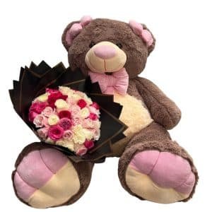 Buchón de 100 Rosas Surtidas + Peluche Gigante de 110 cm