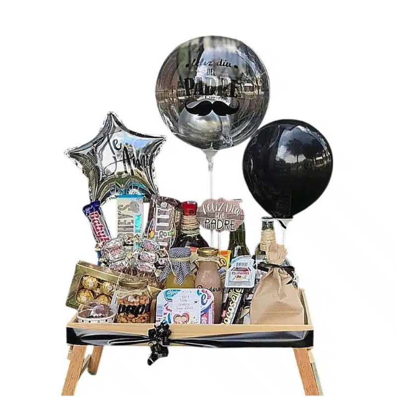 Ancheta con chocolates, cervezas y globos personalizados