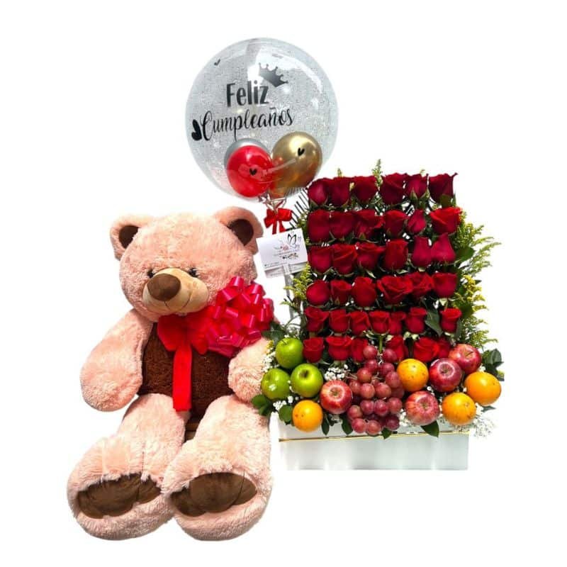 Frutero con rosas, frutas, peluche y globo personalizado
