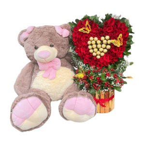 Corazón de Rosas & Ternura – Arreglo con Peluche de 100 cm