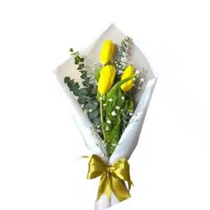 Bouquet Amanecer – 3 Tulipanes Amarillos y Eucalipto