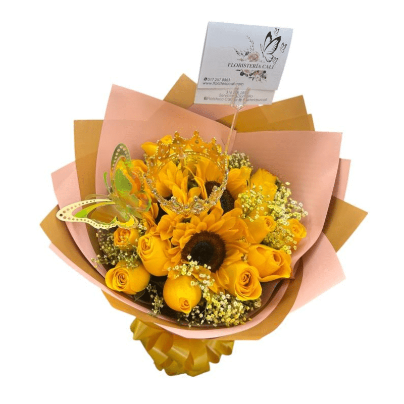 Buchón con rosas amarillas, girasoles, mariposa decorativa y follaje perla