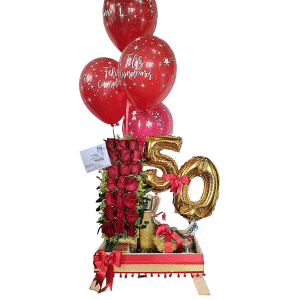 Desayuno Real – Arreglo Floral con 24 Rosas, Hershey’s y Globo Personalizado
