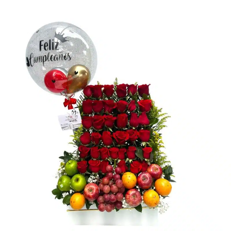 Arreglo frutero con 36 rosas rojas y globo burbuja personalizado