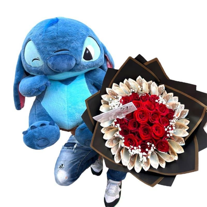 Buchón con 24 rosas, peluche de Sticht y opción de decoración con billetes